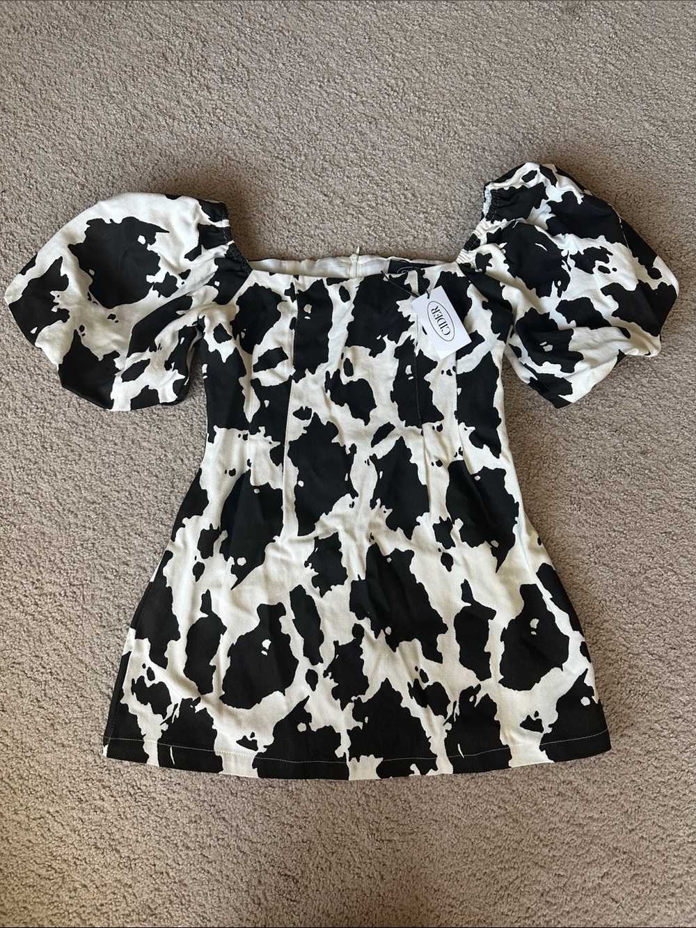 Black & White Cow Print Puff-Sleeve Mini Dress- Size S NWT